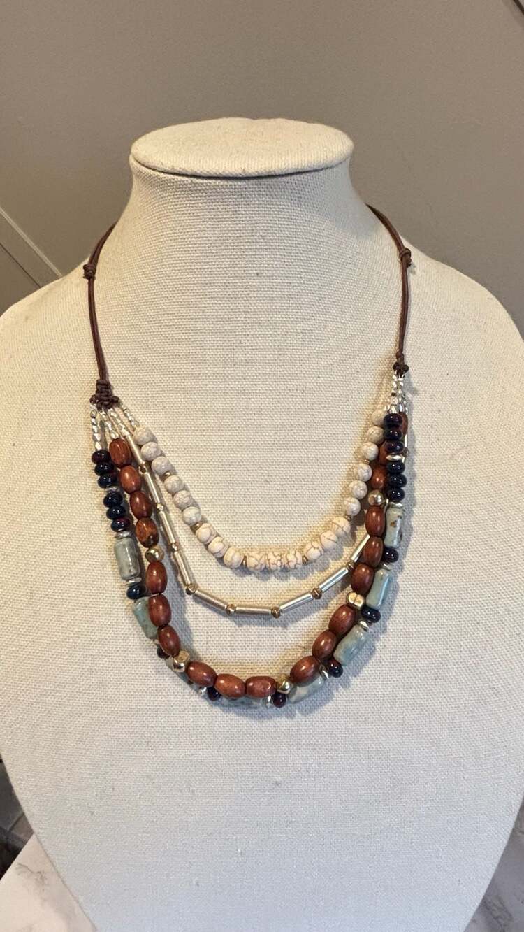 Multi-Strand Statement Necklace with Wood, Stone, and Metal Beads
